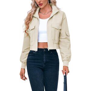 Women's Apricot Short Bomber Jackets Stand Collar Zip Up Long Sleeve Lightweight